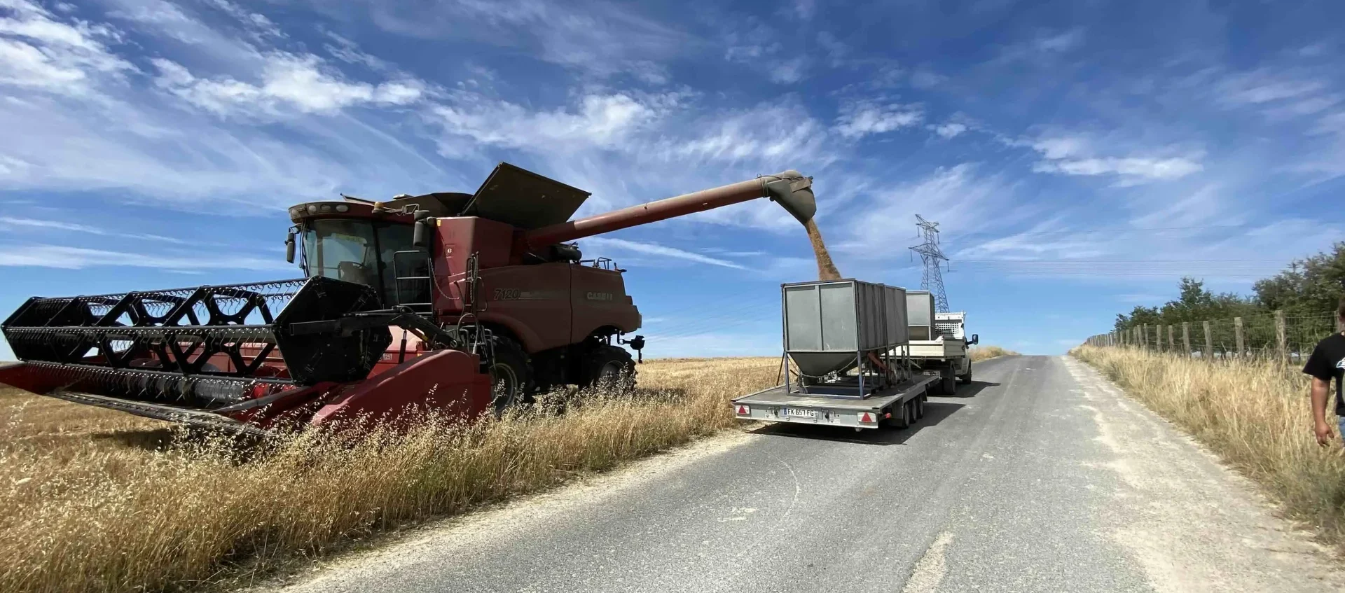 Photo d'une moissonneuse qui charge un container qui est sur la remorque d'un vehicule